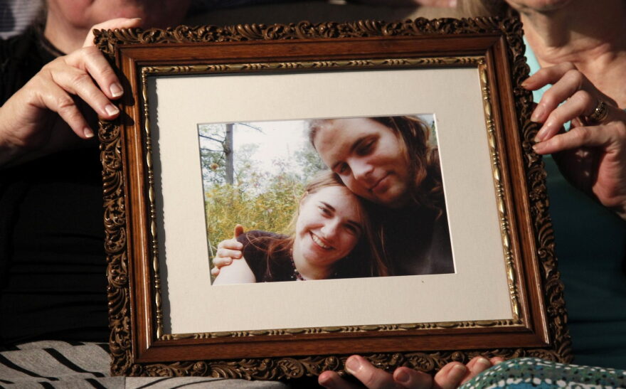 Mothers Linda Boyle, left and Lyn Coleman hold photo of their married children, Joshua Boyle and Caitlan Coleman, who were kidnapped by the Taliban in late 2012, Wednesday, June 4, 2014, in Stewartstown, Pa. (Bill Gorman/AP)