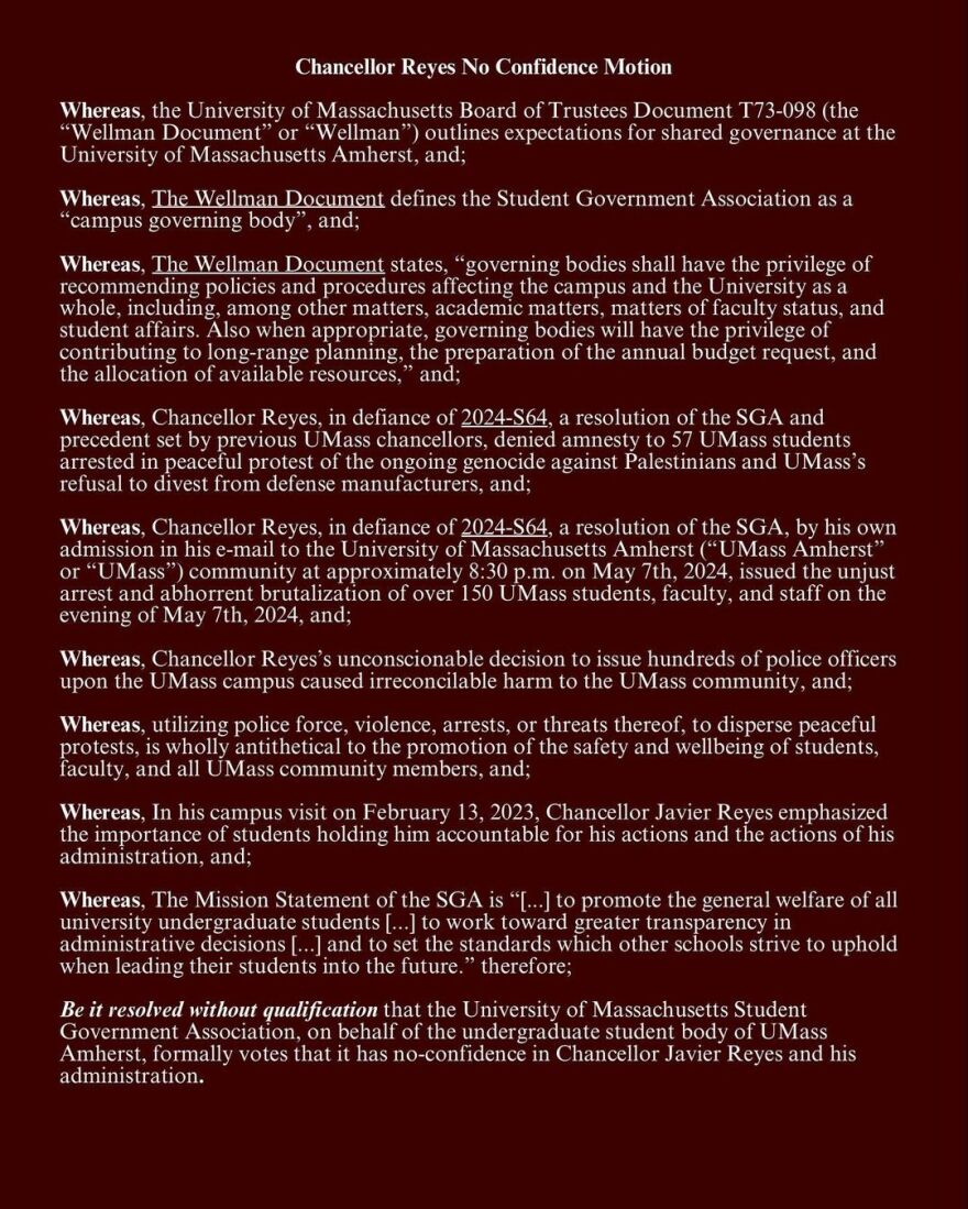 A copy of the resolution passed by members of the UMass Amherst Student Government Association this week. The resolution can also be found here.