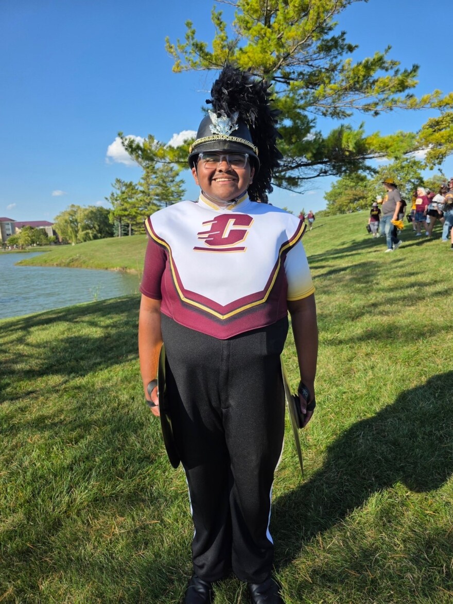 Trevon Williamson plays cymbals for the marching chips.