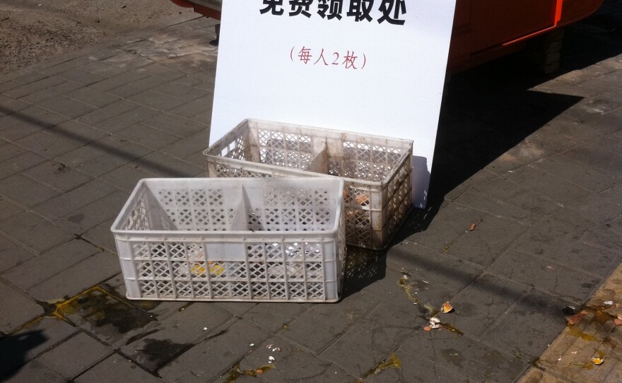 Cartons of "free rage eggs" were given to protesters to throw at the Japanese Embassy in Beijing.
