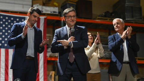 Speaker of the House Mike Johnson points to Rob Bresnahan during a rally in at DeAngelo Contracting Services in Ha