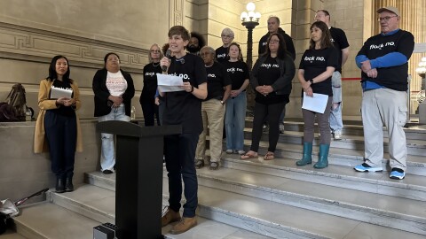 Bryn Adams, a Ward 12 resident and leader of "Flock No," speaks at a press conference at Cleveland City Hall.