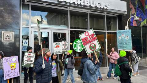 People picket at a Starbucks in New York on Friday, Nov. 14, 2025, as striking workers call for a union contract. (Ted Shaffrey/AP)