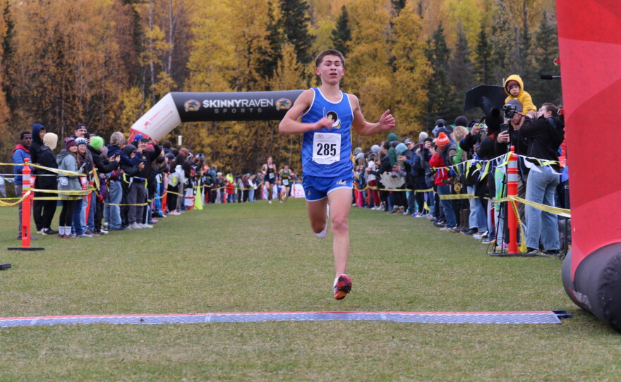 Runners compete at the ASAA cross-country running state championships in Anchorage on Oct. 3, 2026.