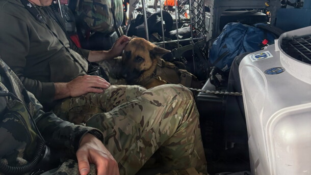 Michigan State Police K-9 Unit officers and their dog sit aboard a U.S. Coast Guard Air Station Traverse City MH-60 Jayhawk helicopter as they transit Lake Superior en route to Isle Royale, Michigan, September 12, 2026. Michigan State Police were transported to the island via Coast Guard helicopter to search for a man who had been missing for days. (U.S. Coast Guard Courtesy photo by Air Station Traverse City)