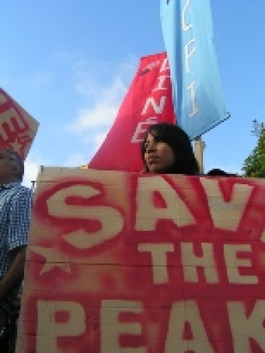 A \"Save the Peaks\" supporter outside the 9th Circuit Court of Appeals in San Francisco