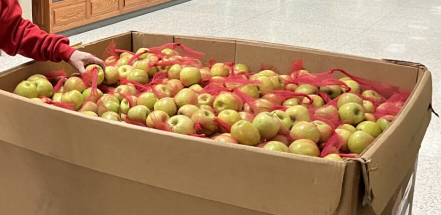 A large cardboard bin full of bags of apples