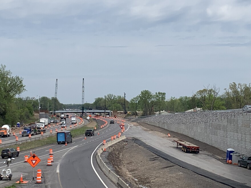 A look at the current traffic pattern from the new flyover ramp as the I-81 project redesign takes shape. In the distance is the new South Bay Road Bridge under construction.