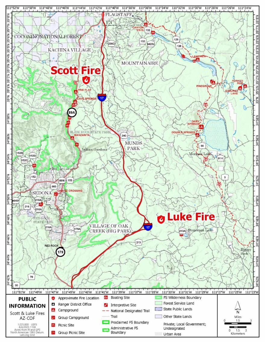 A map of the Scott and Luke fires burning south of Flagstaff.