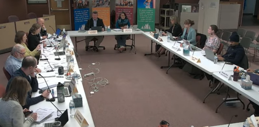 The Fairbanks North Star Borough School Board speaks with administration about the application from the Academic Policy Committee for the proposed Pearl Creek STEAM Charter School Oct. 14, 2025.