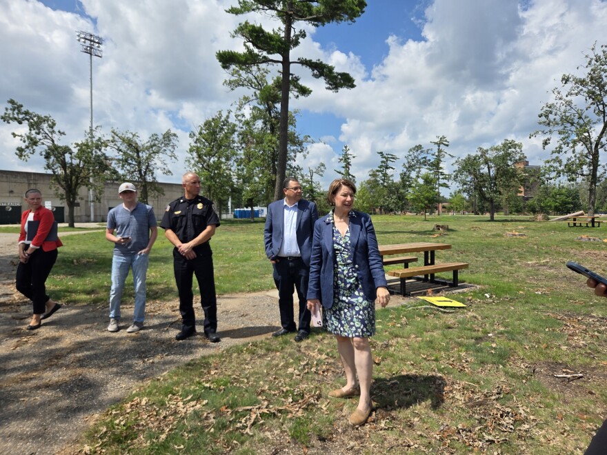 Sen. Amy Klobuchar tours Diamond Point Park near the Bemidji State University Campus on July 25, 2025. This park lost 204 trees during the June 21 storm.