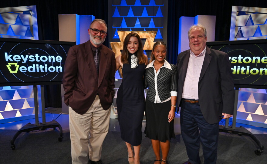The panelists for Battleground Pennsylvania: Midterm Election 2026, the October episode of Keystone Edition, discussed Pennsylvania politics and voters' top issues. From left, Borys Krawczeniuk, Britt Crampsie, Lydia McFarlane and Chris Nicholas.