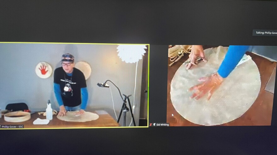 Sid Whiting, a member of the Sicangu Lakota, Rosebud Sioux Nation, teaches a virtual drum making class for Indigenous students and families.