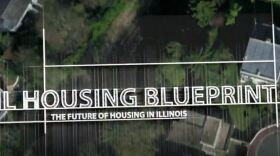 Aerial image of subdivision in the background with message reading: Housing Blueprint: The Future of Housing in Illinois