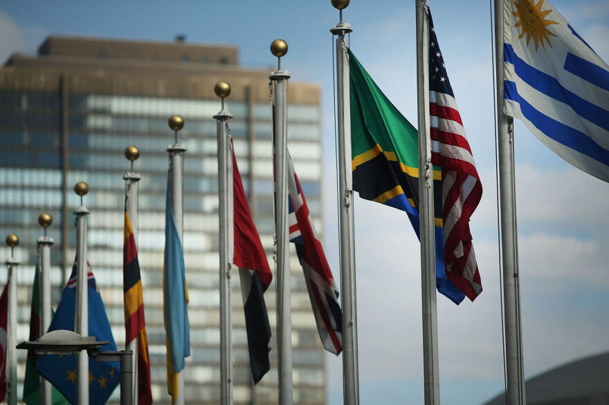 The  American flag flies with other nations' flags outside the United Nations in New York. (Spencer Platt/Getty Images)