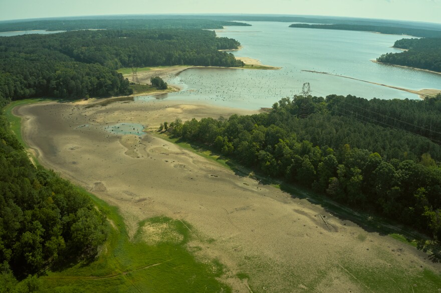 A drone image of Falls Lake shows the impact of North Carolina's drought on June 22, 2026, in Durham, N.C.
