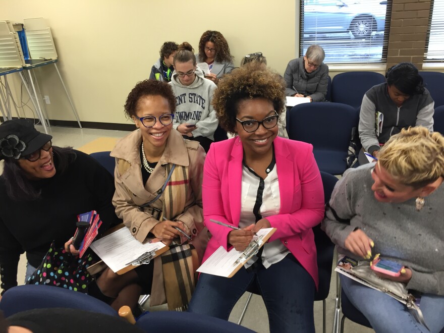 Akron City Councilwomen Veronica Sims (left) and Tara Samples joined State Rep. Emilia Sykes and other black elected officials to early vote in Akron on Saturday.