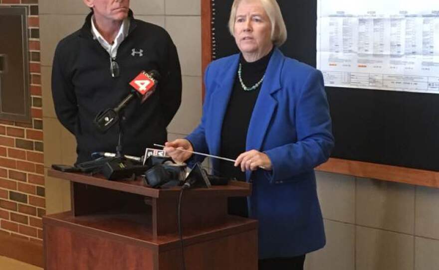 Candice Miller and Mark Hackel update media about the Fraser sinkhole.