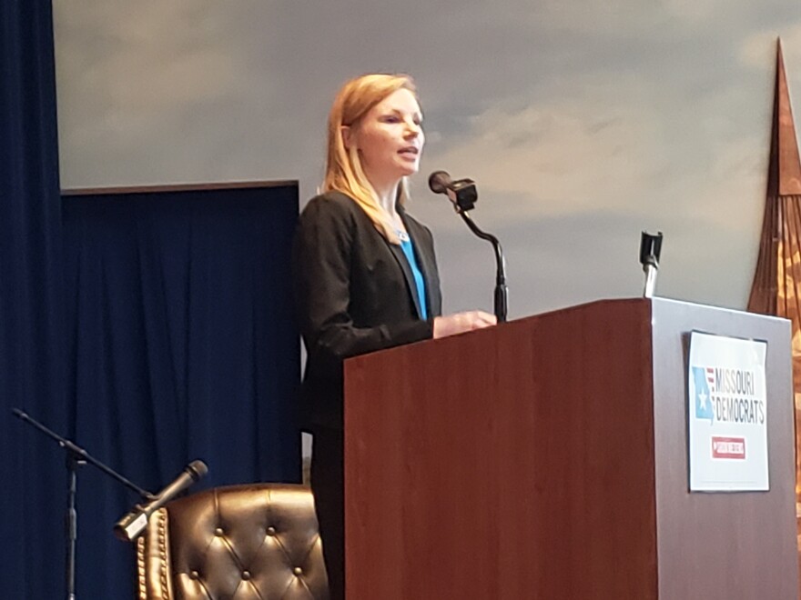 Missouri state Auditor Nicole Galloway addresses fellow Democrats at state party's annual Truman Dinner.