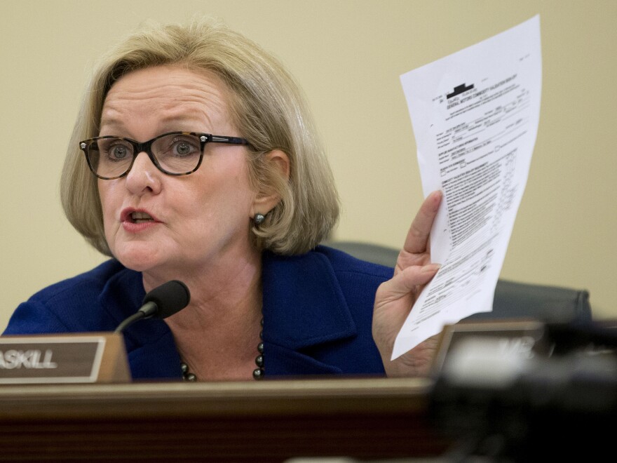 Sen. Claire McCaskill, D-Mo., holds up a document during an April 2 subcommittee hearing.