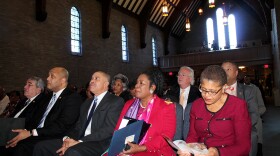 Nine members of the Congressional Black Caucus visited Wellspring United Methodist Church on Sunday. Seated left to right in the first row are: G.K. Butterfield, Andre Carson, Lacy Clay, Sheila Jackson Lee and Karen Bass.