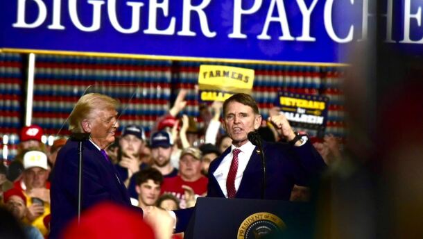 President Donald Trump brings Republican candidate Ed Gallrein on stage in northern Kentucky on Wednesday March 11, 2025. Gallrein is running against GOP Rep. Thomas Massie in the May primary.