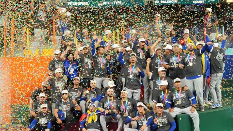 The Venezuela team celebrates after defeating the United States in the championship game of the World Baseball Classic, Tuesday, March 17, 2026, in Miami.