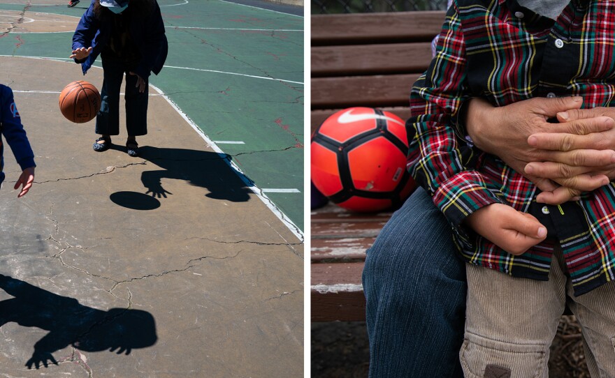 Liang works as a caretaker of a 3-year-old and a 5-year-old. Most mornings and afternoons, they play basketball and watch trains passing by.