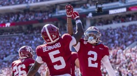 Alabama wide receivers Germie Bernard (5) and Ryan Williams (2) celebrate a touchdown by Bernard during the second half of an NCAA college football game against South Carolina, Saturday, Oct. 12, 2024, in Tuscaloosa, Ala. (AP Photo/Vasha Hunt)