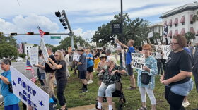 Protesters gathered in front of the Florida Capitol building on May 30, 2025, a day after ICE raided a Tallahassee construction site, detaining more than 100 workers.