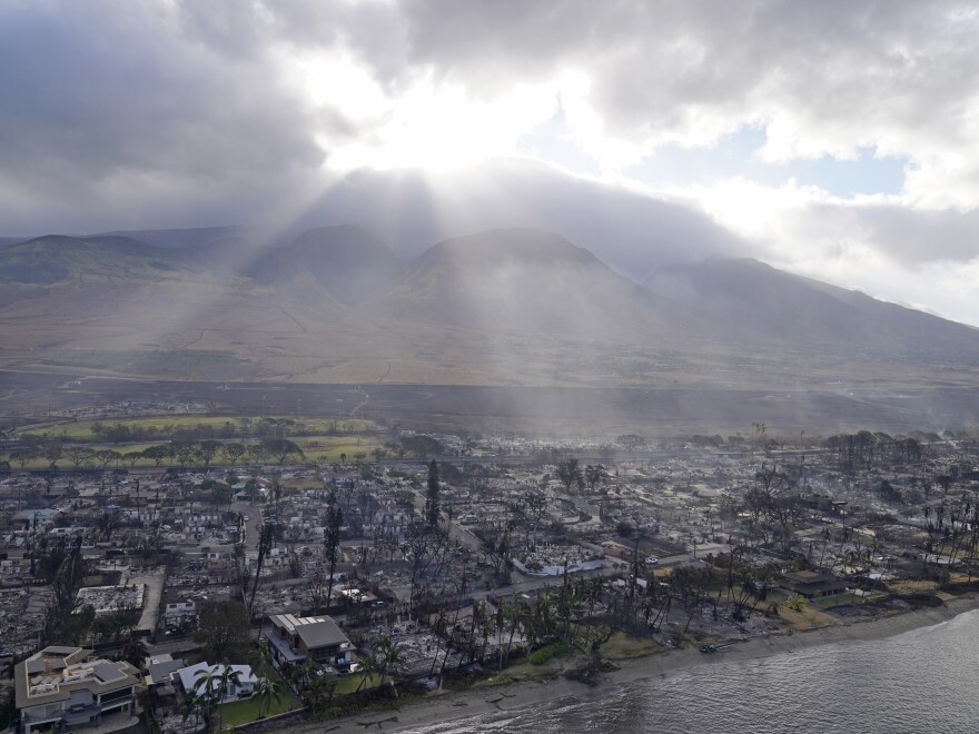 Wildfire wreckage is seen Thursday, Aug. 10, 2023, in Lahaina, Hawaii. The search of the wildfire wreckage on the Hawaiian island of Maui on Thursday revealed a wasteland of burned out homes and obliterated communities.