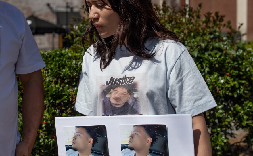 Elena Espinoza Sierra, Edilberto Espinoza Sierra's 15-year-old sister, gathers with family and friends to protest in downtown Wilmington on March 14, 2026. Edilberto, 21, was shot and killed by Wilmington Police Department officers and New Hanover County Sheriff's Office deputies in a downtown parking garage during the early morning hours of March 8, 2026. The family is calling for an investigation and release of information surrounding the shooting.