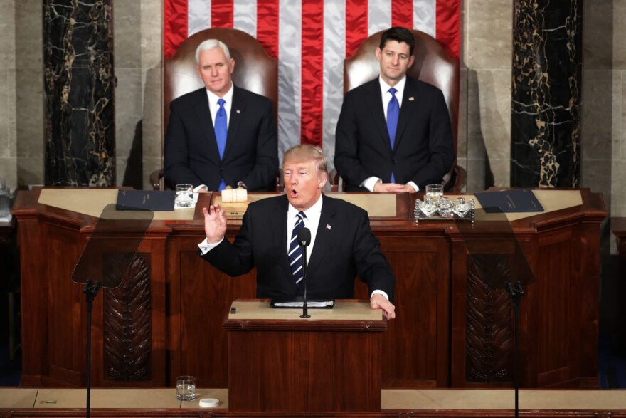 President Trump addresses a joint session of the U.S. Congress as Vice President Mike Pence (left) and House Speaker Rep. Paul Ryan (right) (R-WI) look on on Feb. 28, 2017 in the House chamber of the U.S. Capitol in Washington. (Chip Somodevilla/Getty Images)
