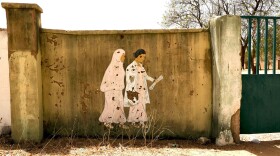 A mural showing a teacher leading a young girl to school is riddled with bullet holes after an attack by Boko Haram militants last month. They attacked the Dapchi Government Girls Science and Technology College in northeast Nigeria.