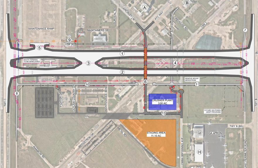 Layout plan for new taxiways at ABIA, showing how the South Terminal will be demolished. The map includes marked taxiways, runways, and various facilities such as a maintenance ramp, crusher plant, and staging area. 