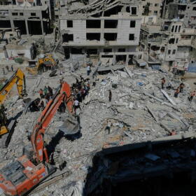 Palestinian civil defense crews search for bodies and survivors in the rubble of a collapsed building that housed displaced Palestinians and was heavily damaged during the Israel-Hamas war, in Gaza City, Wednesday, Sept. 16, 2026. (Jehad Alshrafi/AP)