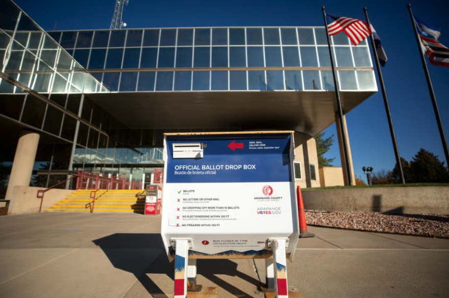 The ballot box at the Arapahoe County Administration Building in Littleton is open for the November 2025 election. Oct. 25, 2025.