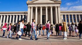Students walk in a line before entering the Oklahoma State Capitol in Oklahoma City on Feb. 25, 2025. (