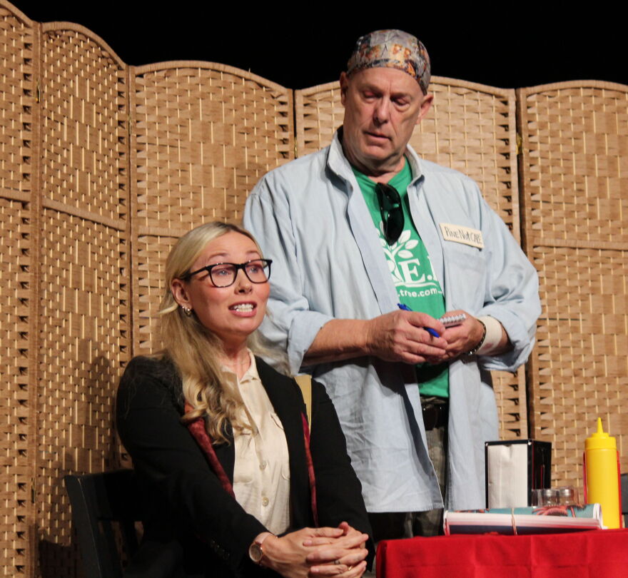 LIndsey Ambrose-Kimmel, pictured here with Gregg Birr, plays an overzealous lawyer intent on defeating mayoral candidate Jerry Clark.
