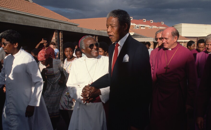 African National Congress leader Nelson Mandela visits Archbishop Desmond Tutu after his release from prison in 1990.