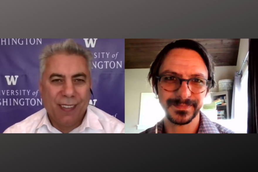 Dr. Ali Mokdad (l) and Abe Aboraya. Photo: Zoom / WMFE