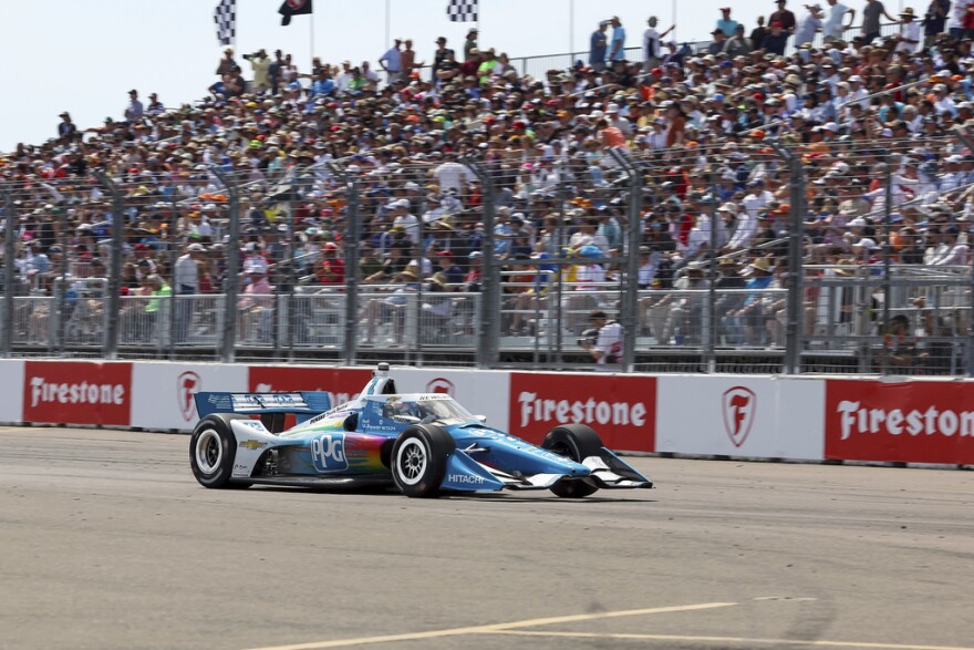 Team Penske driver Josef Newgarden comes out of Turn 1 during the Grand Prix of St. Petersburg in 2024.