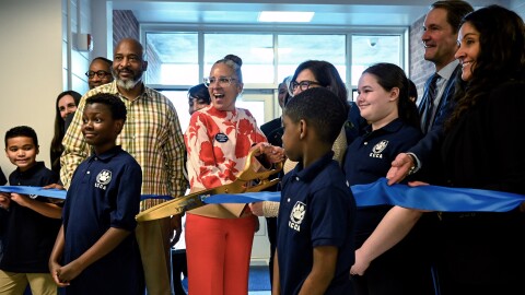 Norwalk Public Schools Superintendent Alexandra Estrella (center) cuts the ribbon to the health and wellness center at Kendall College and Career Academy in Norwalk, along with students, staff, Norwalk Mayor Barbara Smyth and U.S. Rep Jim Himes on March 10, 2026.