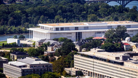 John F. Kennedy Memorial Center for the Performing Arts is seen at center with the State Department at lower right, as viewed from the Washington Monument, in Washington, Wednesday, Sept. 9, 2026. (J. Scott Applewhite/AP)
