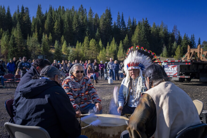 Nez Perce Tribe’s Wap’qawan Drum circle provide a blessing before the harvest of the 2026 U.S. Capitol Christmas Tree, a 76-foot tall Englemann Spruce, at Musselshell Meadow on Oct. 24, 2026 before it makes its 2,500-plus mile journey to the West lawn of the Nation’s Capitol. 