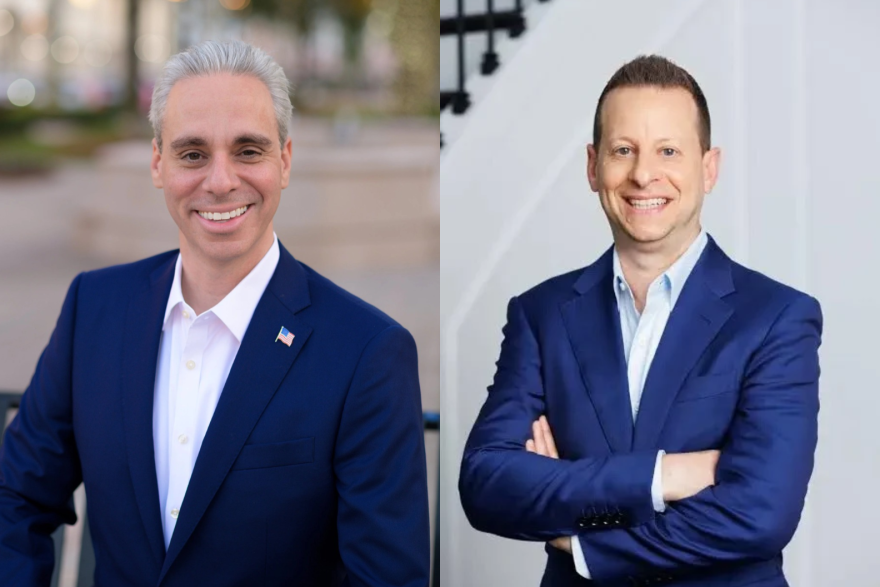 Republican Scott Singer (left) and Democrat Jared Moskowitz (right) faced off in Boca Raton at Congregation B'nai Israel for a high-stakes congressional forum on Tuesday, Oct. 20, 2026.