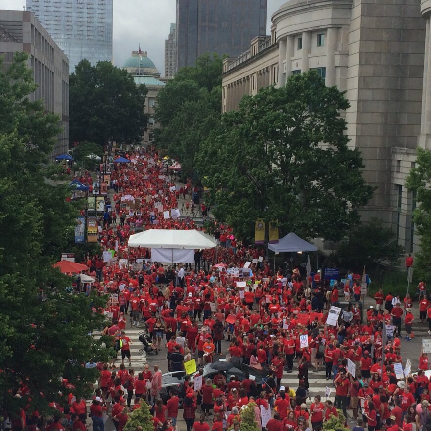 Supporters of increased school funding gathered in front of the legislative building on Wednesday.