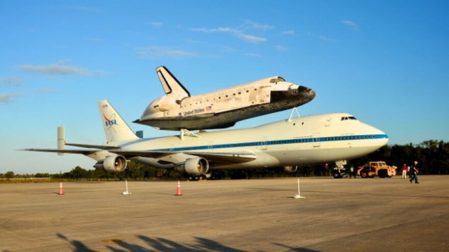 Discovery is sitting atop NASA's 747 Shuttle Carrier Aircraft