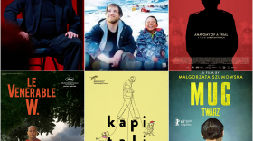 Movie posters for Tales of Europe films screening at the Crandell Theater and a photo of Larry Kardish