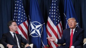 FILE - President Donald Trump, right, meets with NATO Secretary General Mark Rutte on the sidelines of the Annual Meeting of the World Economic Forum in Davos, Switzerland, Jan. 21, 2026.